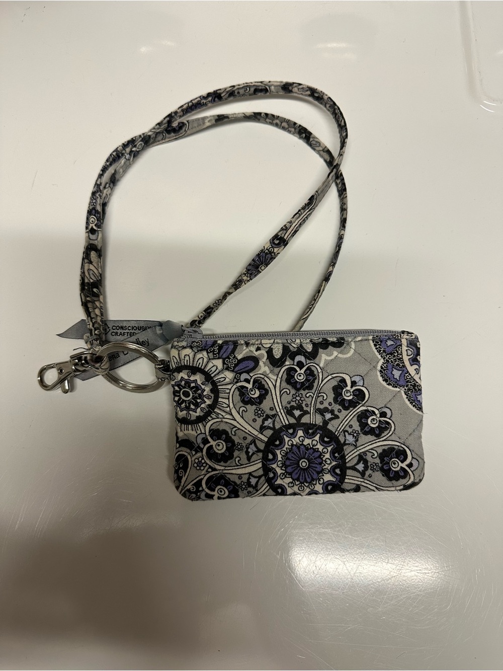 Vera Bradley Gray & Lavender Floral Quilted Wristlet Key Pouch